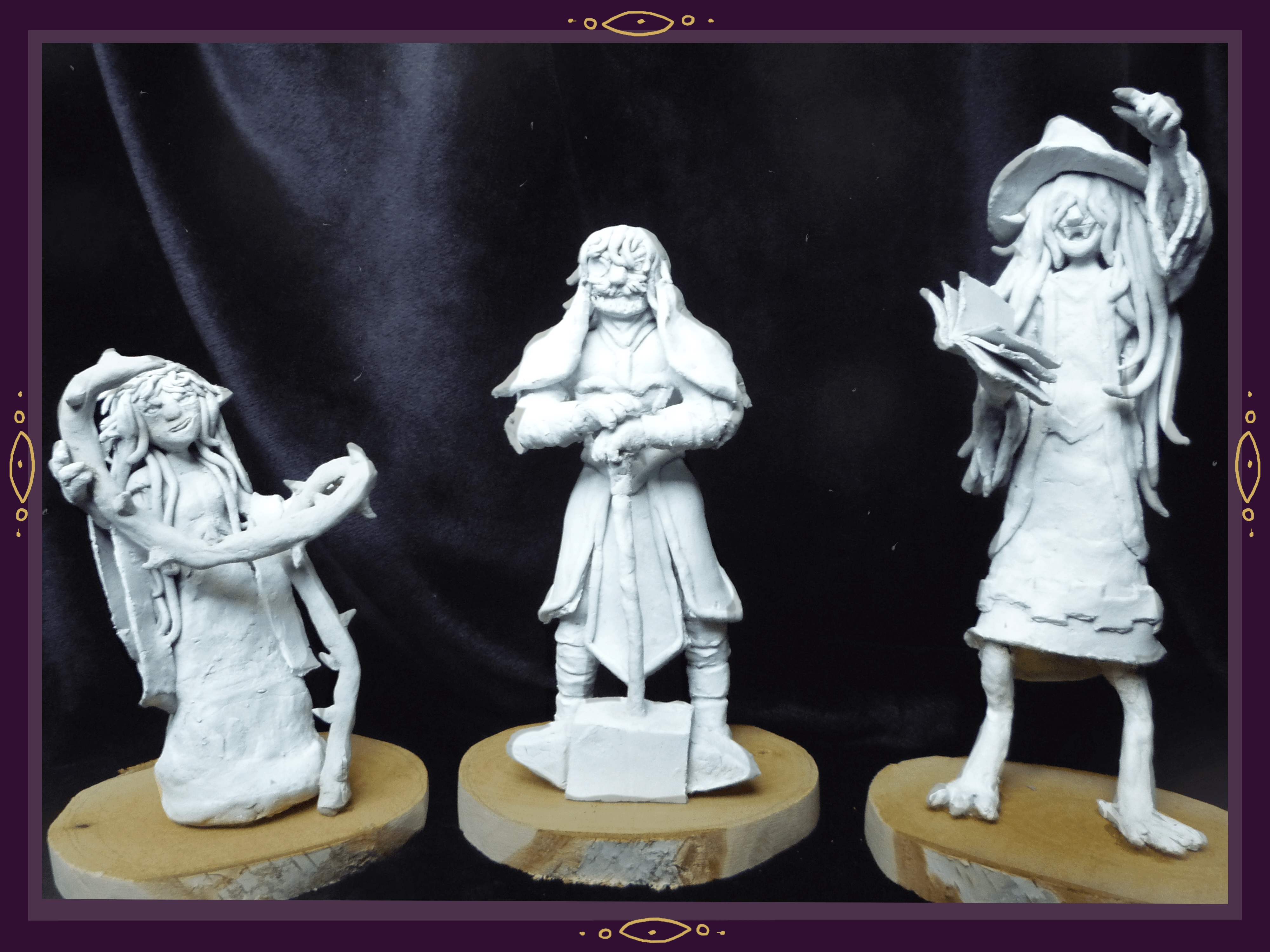 King Edgar, Queen Pixie, and Lord Smarf as clay statues